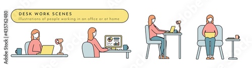 デスクワーク中の女性のイラストセット　仕事　ビジネス　パソコン　リモートワーク　PC　働く　人物
