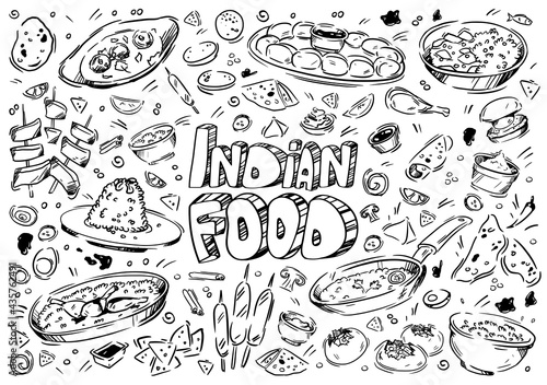 Hand drawn vector illustration. Doodle Indian food  chicken  masala  naan  kebab  pilaf  flatbread  citrus  curry  spices  potatoes  meat  rice  vegetables  sauces
