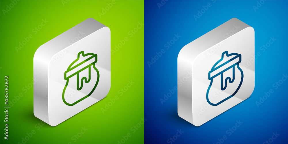 Isometric line Jar of honey icon isolated on green and blue background. Food bank. Sweet natural food symbol. Silver square button. Vector Isometric line Jar of honey icon isolated on green and blue background. Food bank. Sweet natural food symbol. Silver square button. Vector