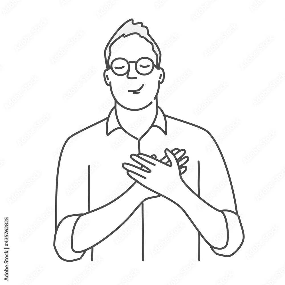 Positive man in glasses holds his hands on his chest, expressing gratitude. Positive man in glasses holds his hands on his chest, expressing gratitude.