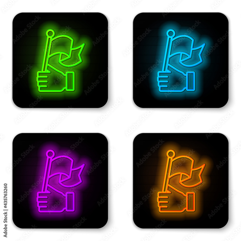 Glowing neon line Hand holding flag icon isolated on white background. Victory, winning and conquer adversity concept. Black square button. Vector Glowing neon line Hand holding flag icon isolated on white background. Victory, winning and conquer adversity concept. Black square button. Vector