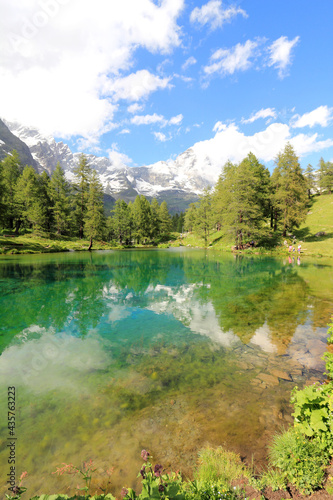 Summer alpine landscape with the Matterhorn  Cervino  reflected on the Blue Lake  Lago Blu  near Breuil-Cervinia  Aosta Valley  northern Italy