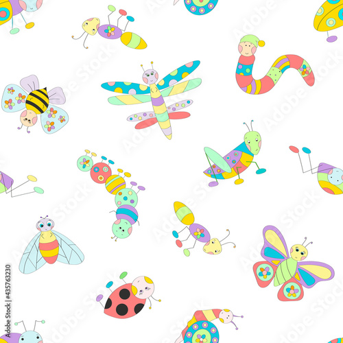 Seamless square pattern with drawn colorful cute insects. White background. Summer funny background. Vector illustration