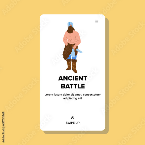 Ancient Battle Muscle Soldier Holding Sword Vector. Bearded Muscular Strong Man Wearing Helmet And Ancient Clothes. Character Guy Antique Conflict Warrior Web Flat Cartoon Illustration