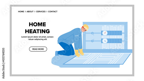 Home Heating System Installing Craftsman Vector. Floor Home Heating Equipment Install Man Engineer. Character Guy Plumber Repairing Climate Technology In Apartment Web Flat Cartoon Illustration