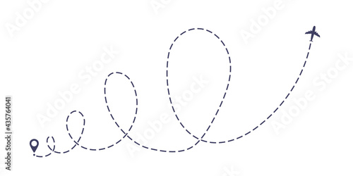 Airplane dashed line path flat style design vector illustration isolated on white background. The plane icon follow from start pin point to finish by dashed line. Airplane route trace flight air map.