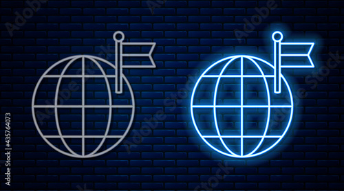 Glowing neon line Planet with flag icon isolated on brick wall background. Victory, winning and conquer adversity concept. Vector