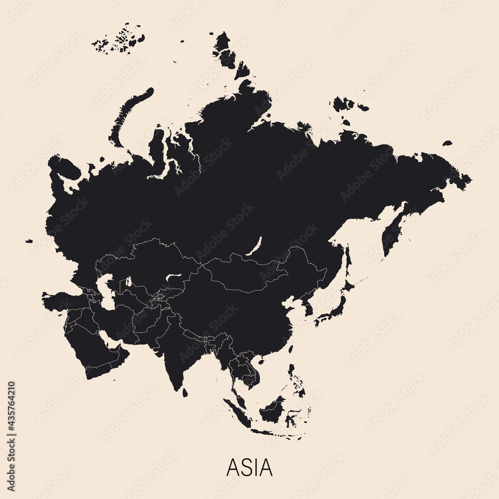 The political detailed map of the continent of Asia with full Russia with borders of countries