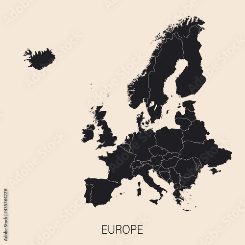 The political detailed map of the continent of Europe with borders of countries