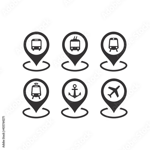 Public transport location pin vector icon set. Bus, subway and train station, airport marker symbols.