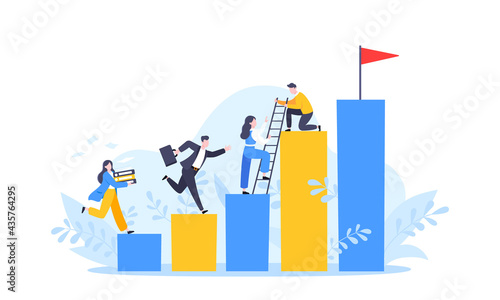 Business mentor helps to improve career and holding stairs steps vector illustration. Mentorship, upskills, climb help and self development strategy flat style design business concept.