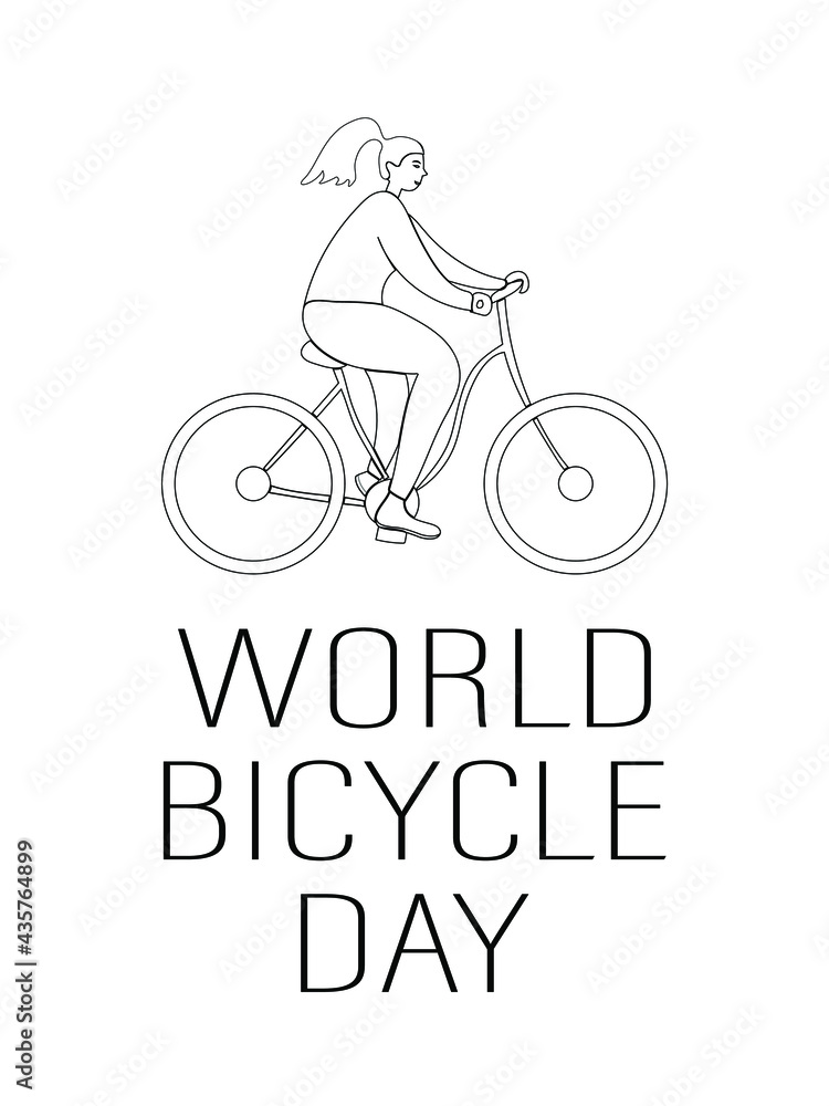 World bicycle day. Vector graphics are made in one line. June 3. Girl on a bike. Suitable for posters and postcards. World bicycle day. Vector graphics are made in one line. June 3. Girl on a bike. Suitable for posters and postcards.