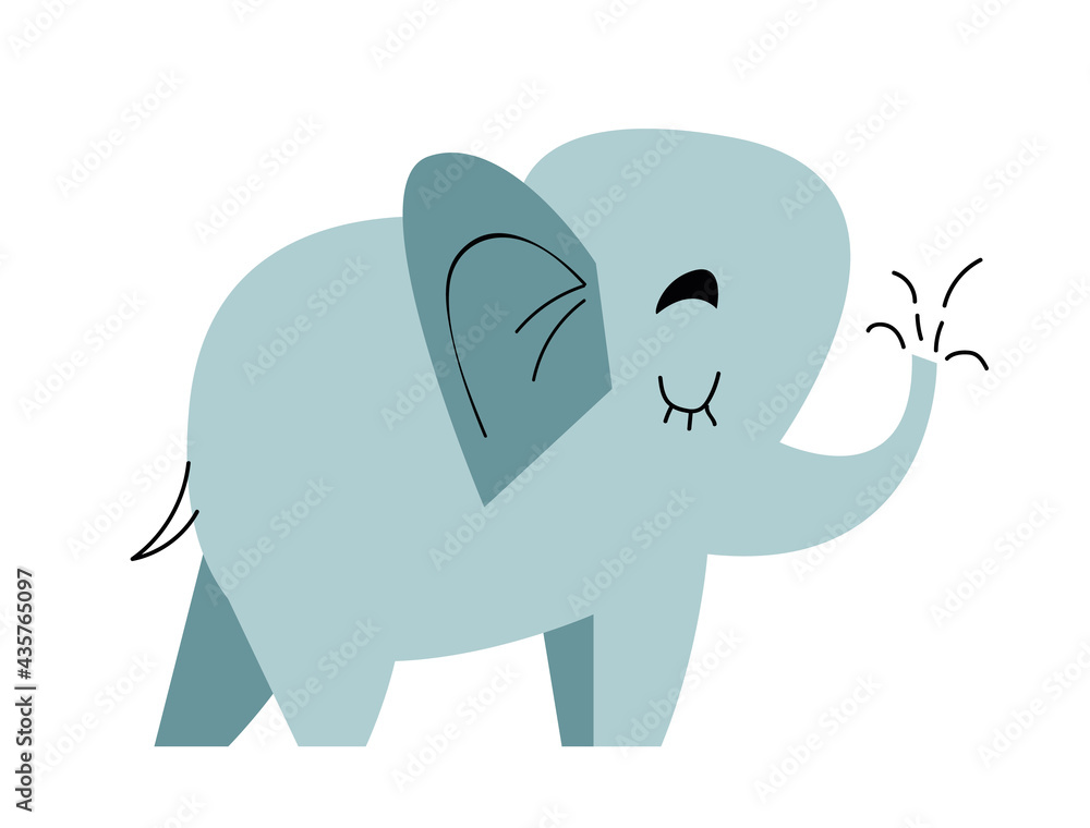 Elephant Funny Childish Cartoon Style Flat Vector Illustration In Bright Colors Isolated On White Background. Cartoon elephant with line and fill