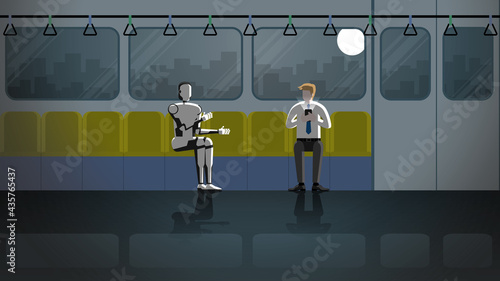 A man sits and listens to the robot speak chatting while using a smartphone on train public transportation in a dark night and full moon. In the future, cyborgs will be a part of people's daily life.