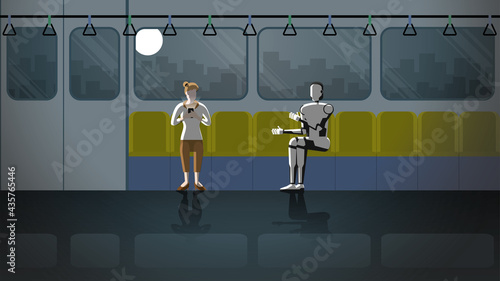 A woman sits and listens to the robot speak chatting while using a smartphone on train public transportation in dark night and full moon. In the future, cyborgs will be a part of people's daily life.