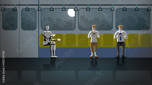 Man and woman sit and listen to the robot speak chatting while using smartphone on train public transportation in dark night and full moon. In the future, cyborg will be a part of people's daily life.