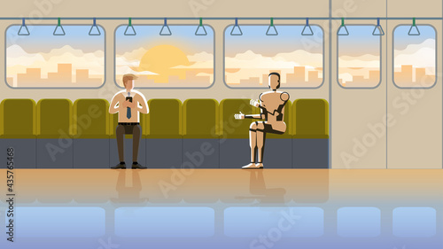 A man sits and listens to the robot speak chatting while using a smartphone on a train public transportation in an early morning sunrise. In the future, cyborgs will be a part of people's daily life.