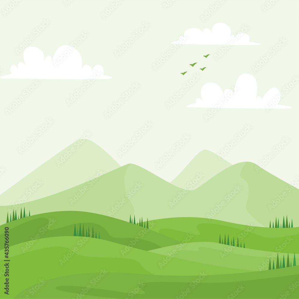 Green landscape nature background vector illustration in flat style. Suitable for web banners, social media, postcard, and many more.