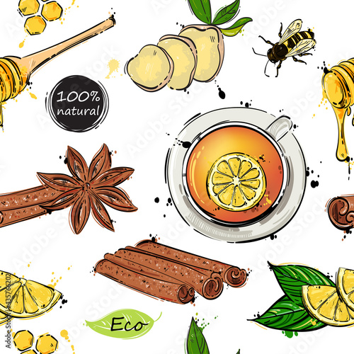 Seamless pattern. Vector abstract illustration with tea mug, ginger, cinnamon, honey and lemon. Ginger tea recipe. Be healthy!