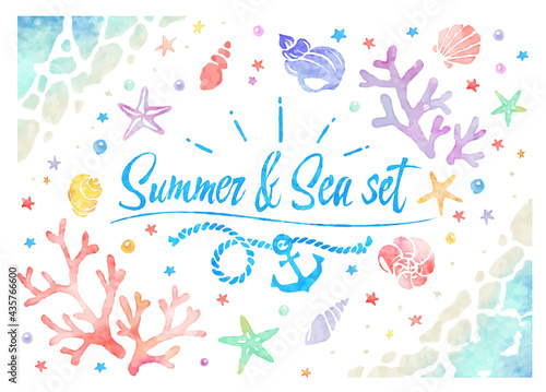 水彩風の夏の海、ベクターイラストセット