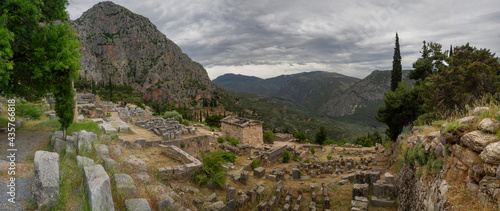 Panoramic view of the Syracuse Treasury Site and destroyed treasure troves the Delph Valley in Greece photo