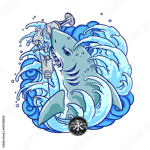 japanese style illustration shark for anti- shark made coronavirus vaccine 