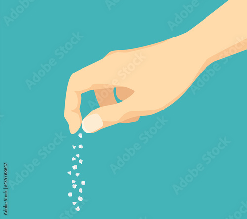 Hand salting food. Pinch of salt. Vector illustration  in cartoon flat style. Sprinkle spices.