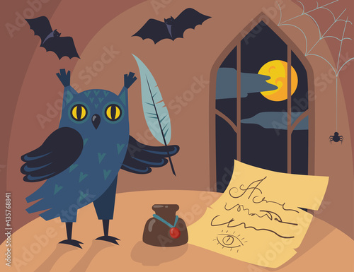 Owl character writing letter with quill cartoon illustration. Wise bird with feather and inkpot, old paper on table, bats, spider web, full moon outside window. Halloween, fantasy, fairytale concept