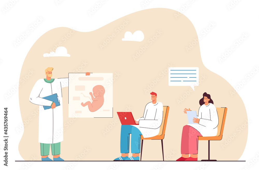 Medical students at lecture vector illustration. Male and female students listening to teacher. Doctor showing illustration of human fetus. Education concept for banner, website design or landing page