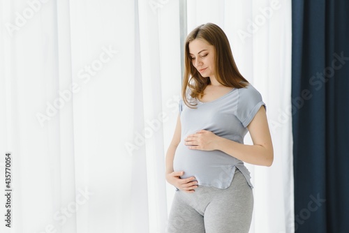 Beautiful pregnant woman is touching her belly and smiling while standing near the window at home Free Download Beautiful pregnant woman is touching her belly and smiling while standing near the window at home - GFXLoad