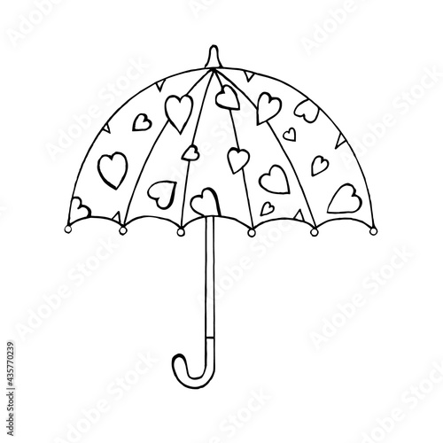 Doodle open umbrella with heart print on white background.Vector umbrella can be used in textiles, postcards,coloring pages, and packaging.