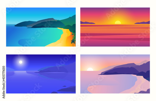 Collection of sea, ocean and mountain illustrations on evening sunset, sunny day, morning sunrise, moon night. Editable vector for poster, social media post, web banner