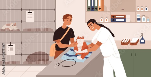 Vet doctor examining cat patient on table in veterinarian clinic. Nurse checking pet in animal hospital for inpatients. Owner holding kitten during medical checkup. Colored flat vector illustration