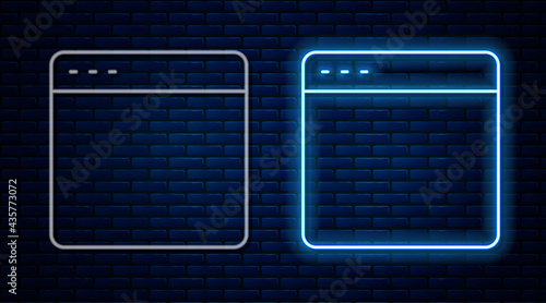 Glowing neon line Browser window icon isolated on brick wall background. Vector