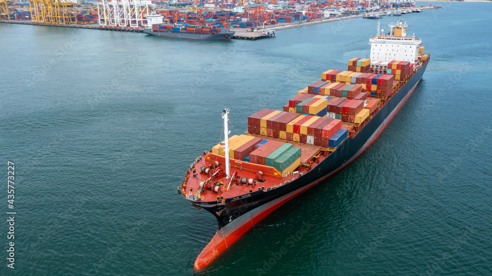 Fototapeta premium Aerial view container ship global business logistics import export worldwide, Shipping container cargo vessel freight, Commercial dock with container ship, Container loading cargo freight ship.