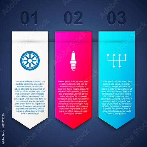 Set Car wheel, spark plug and Gear shifter. Business infographic template. Vector