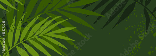 Green banner with plant branches and texture. Tropical background with palm leaves. Editable vector template for wallpaper, wedding, greeting and business cards,  trendy invitations, flyers, sale card