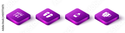 Set Isometric Aroma candle, Flip flops, Essential oil bottle and Cup of tea with tea bag icon. Vector