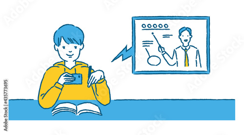スマートフォンでオンライン授業を受ける男の子