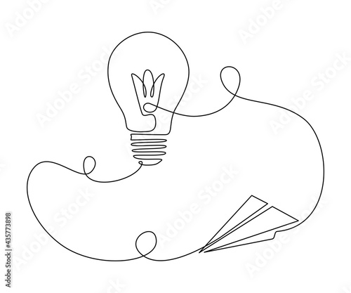 Paper airplane connected with light bulb in one continuous line drawing. Plane and lamp in outline style. Editable stroke. Vector illustration