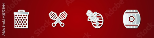 Set Honeycomb, dipper stick, Hive for bees and Wooden barrel with honey icon. Vector
