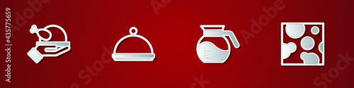 Set Roasted turkey or chicken, Covered with tray, Coffee pot and Cheese icon. Vector