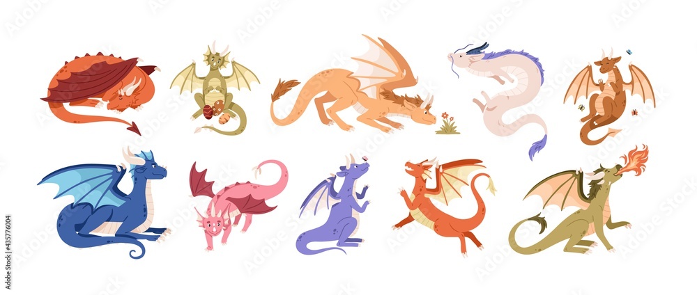 Cute baby dragons set. Happy funny fairytale animals. Flying dinosaurs with wings. Adorable friendly fantasy monsters. Magic creatures. Colored flat vector illustration isolated on white background