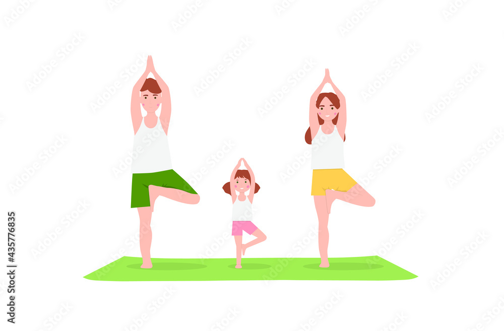 Family doing yoga. Yoga with children and parents isolated on the white background. Vector illustration, eps 10 Family doing yoga. Yoga with children and parents isolated on the white background. Vector illustration, eps 10