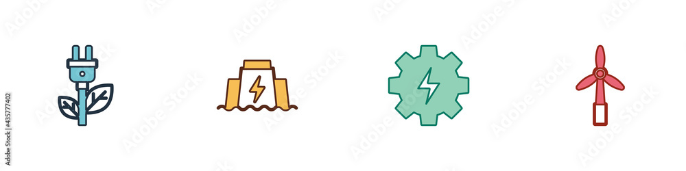 Set Electric saving plug in leaf, Hydroelectric dam, Gear and lightning and Wind turbine icon. Vector Set Electric saving plug in leaf, Hydroelectric dam, Gear and lightning and Wind turbine icon. Vector