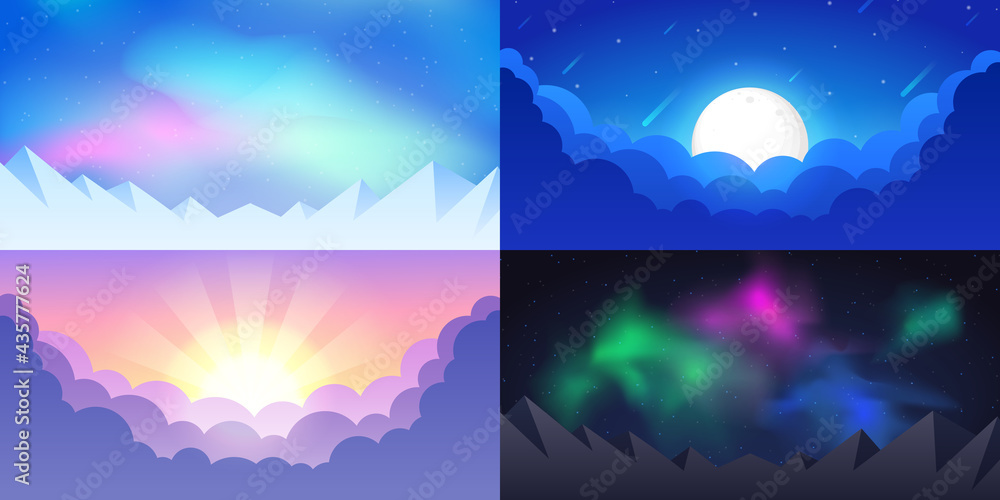 A set of abstract vector landscapes in a flat style. Natural wallpapers are a minimalist, polygonal concept. Sunrise, Northern polar lights, aurora in the Arctic, mountains, night boreal. 