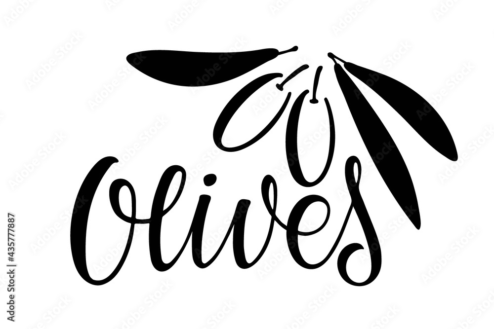 Olives lettering with Branch. Black and white silhouette. Branch with two berries and text. Botanical rustic trendy greenery logo. For menu, cafe, restaurant, poster, banner, label, sticker. Olives lettering with Branch. Black and white silhouette. Branch with two berries and text. Botanical rustic trendy greenery logo. For menu, cafe, restaurant, poster, banner, label, sticker.