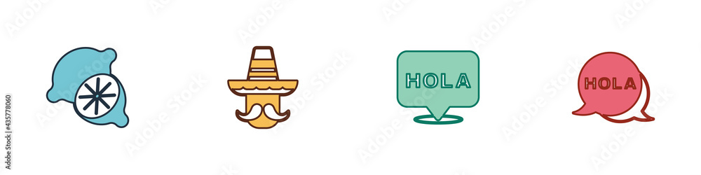 Set Lime, Mexican man sombrero, Hola and icon. Vector Set Lime, Mexican man sombrero, Hola and icon. Vector
