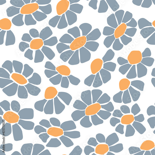 Cute summer seamless pattern with flowers and petals. Daisies on a white background. Herbal plant print. Vector graphics.