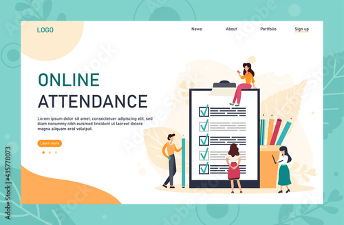 Attendance concept. Check list with done mard, businessman with questionnaire on clipboard. Flat Vector Illustration for web banner, infographics, mobile